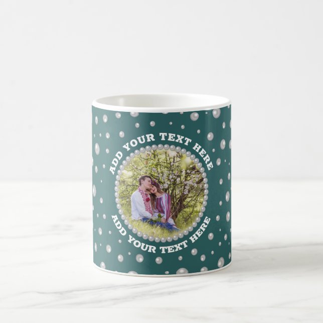 Taza De Café Foto personalizada con círculo de perlas sobre azu (Centro)
