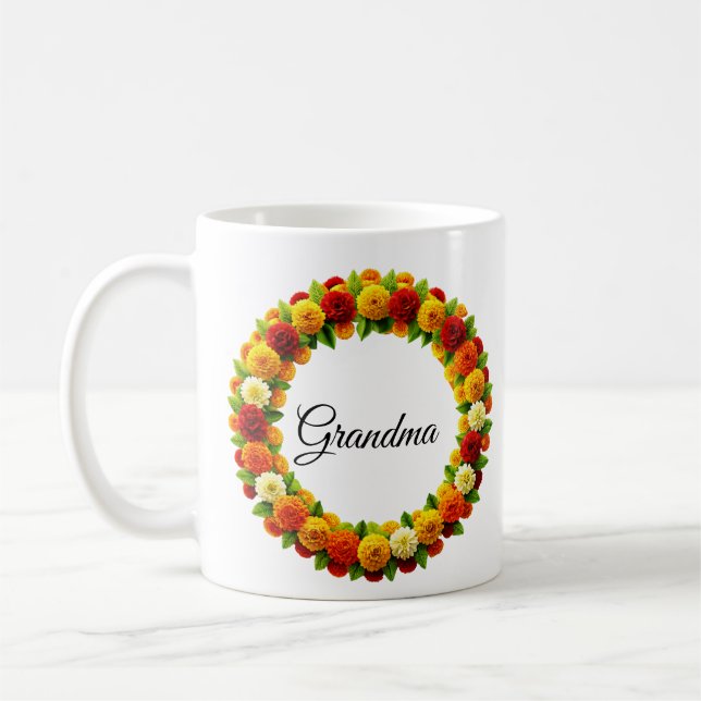 Taza De Café Foto personalizada de la abuela con escritura flor (Izquierda)