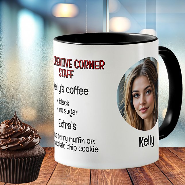 Taza De Café Foto personalizada de Office Worker (Office mug with a photo and description of their favorite coffee - one for every member of the team)