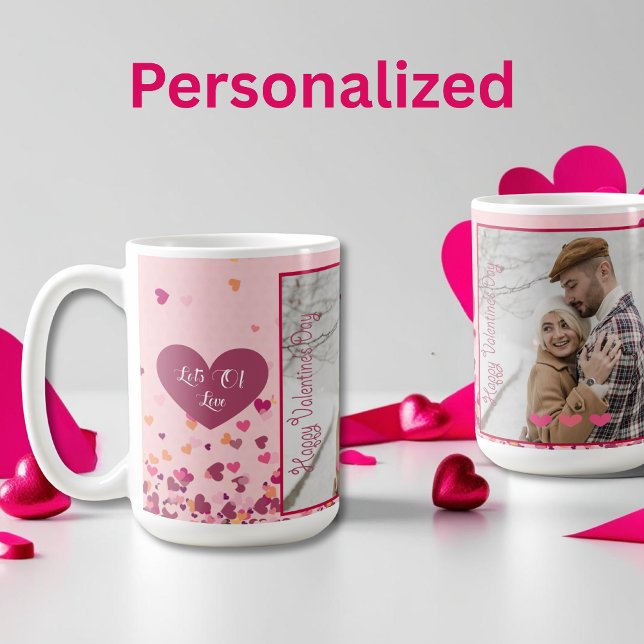 Taza De Café Foto personalizada del Día de San Valentín Corazon (Valentine Day Personalized Photo Pink Hearts Coffee Mug)