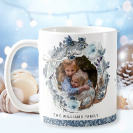 Taza De Café Foto personalizado, Blue y Silver Wreath de vacaci