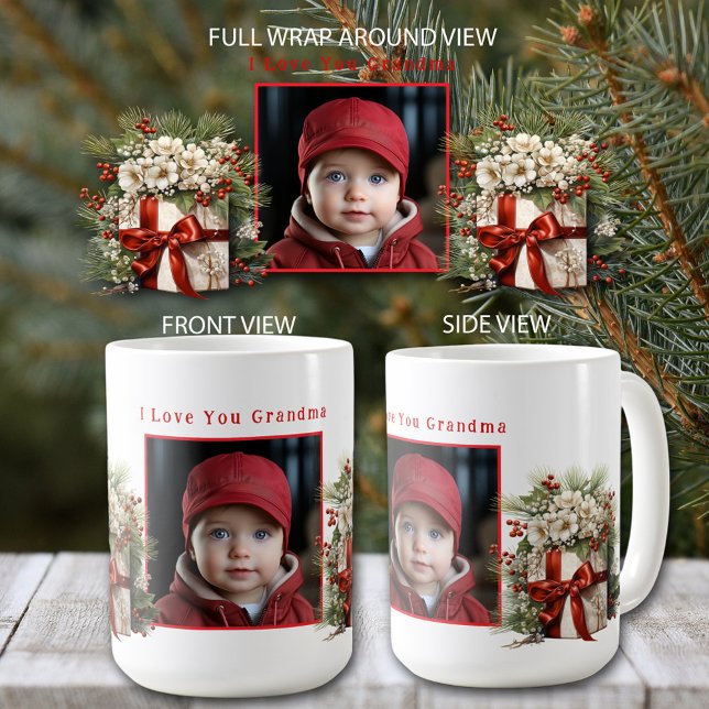 Taza De Café Foto Presenta Ramas De Pino De Cinta Satina (Personalize with your favorite photo and text.)