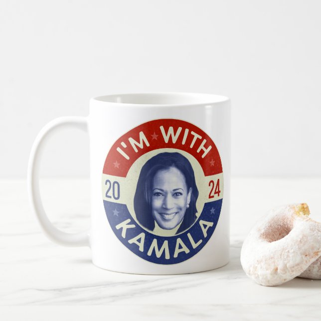 Taza De Café Foto retro del presidente demócrata Kamala Harris  (Con donut)