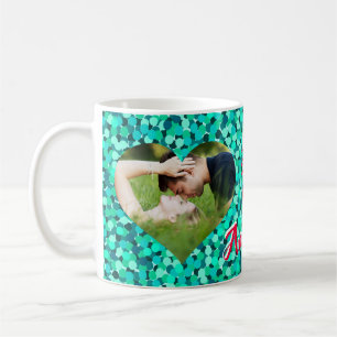 Taza De Café Foto verde azulada de forma de corazón espumoso