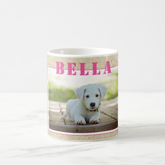 Taza De Café Foto y nombre de perro rosado rústico (Centro)