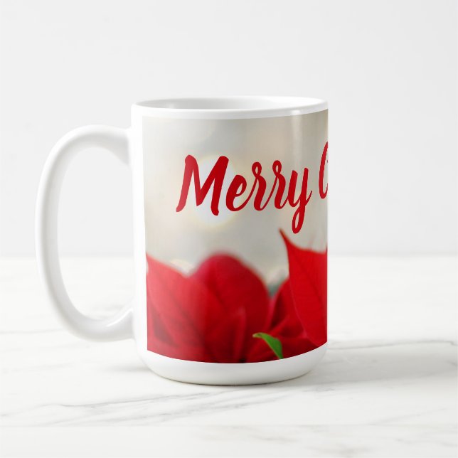 Taza De Café Fotografía de Poinsettia Roja Bokeh Feliz Navidad (Izquierda)