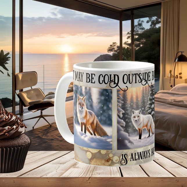 Taza De Café Fotografía divertida de Fox con nieve de oro (Photo mug showing paintings of foxes or your own photos framed by a gold snow artistic design)