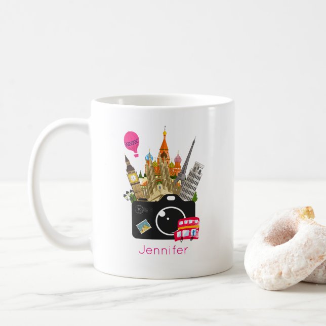 Taza De Café Fotógrafo de viajes de monumentos europeos (Con donut)