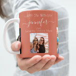 Taza De Café Fotos de cumpleaños nombres terracotta earth<br><div class="desc">Un regalo de los amigos por el cumpleaños 21 de una mujer, celebrando su vida con 3 de sus fotos de ella, sus amigos, familia, interés o mascotas. Personalice y agregue su nombre, edad 21 y sus nombres. Una terracota, fondo de color tierra marrón. Su nombre está escrito con una...</div>