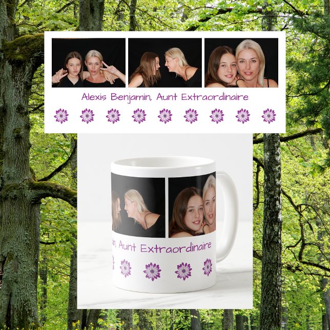 Taza De Café Fotos de la moderna tía Extraordinaria Nombre BAE (Aunt Extraordinaire. Personalized name + 3 photos BAE mug. Cute, modern Mother's Day birthday gift)