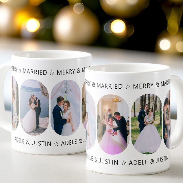 Taza De Café Fotos de Lozenge en blanco y negro (Merry & Married 6 Photo First Christmas Married Mug from my Rounded Lozenge Photo Collage collection)