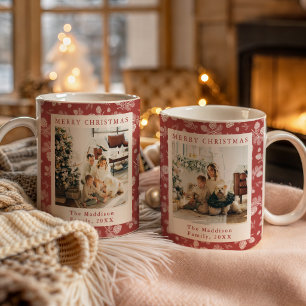 Taza De Café Fotos familiares con patrón de pino de Navidad roj