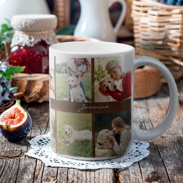 Taza De Café Fotos modernas Collage Dog Rustic Wood (Celebrate your furbaby with this photo collage mug.)