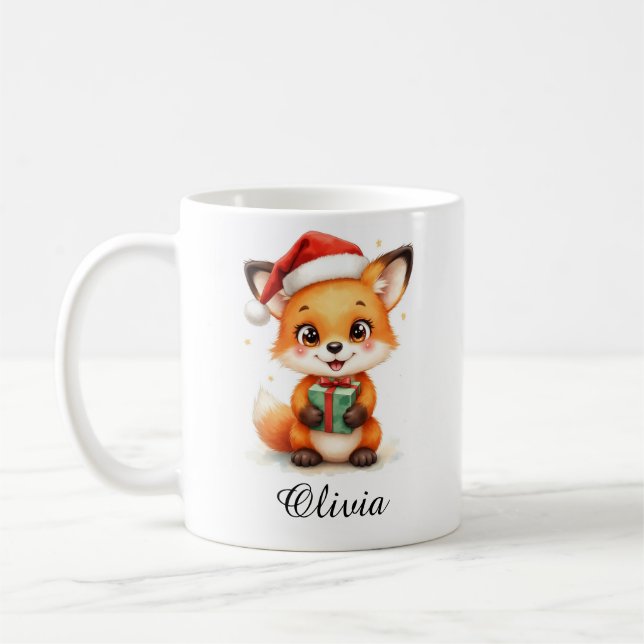 Taza De Café Fox Cub in Santa Hat Custom Name Mug (Izquierda)