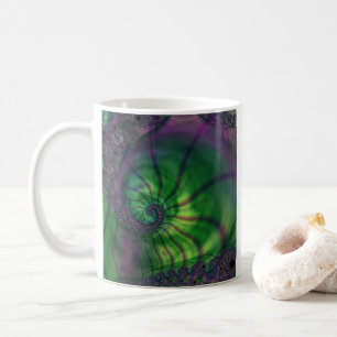 Taza De Café Fractal con espiral verde y púrpura