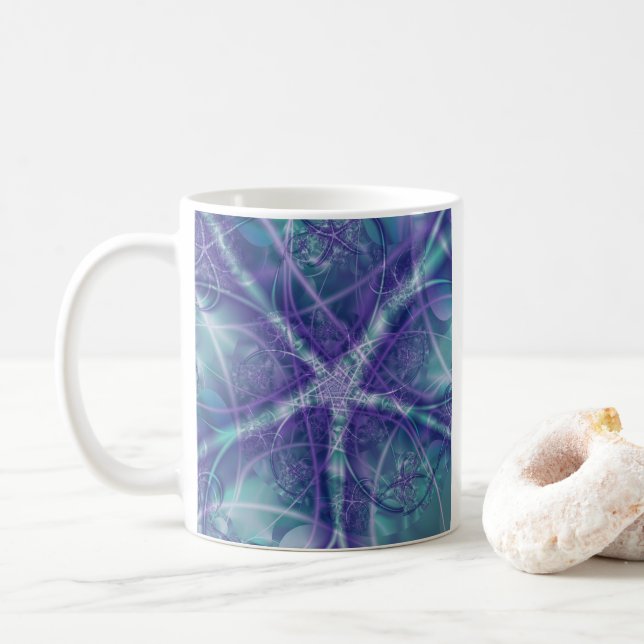 Taza De Café Fractal con formas de estrella azul y blanco púrpu (Con donut)