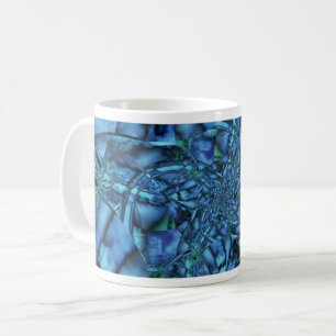 Taza De Café Fractal con formas geométricas de color azul y ver