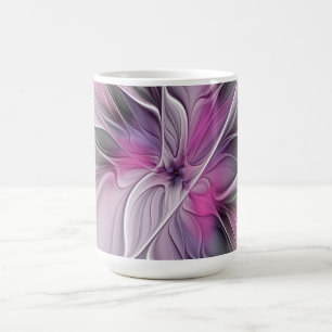Taza De Café Fractal floral moderno abstracto flor rosa gris