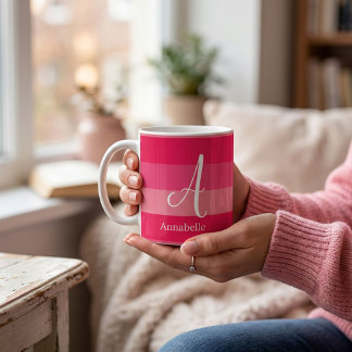 Taza De Café Frambuesa Rayas Rosadas Monograma Nombre Personali