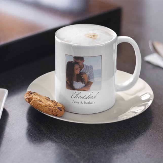 Taza De Café Framed Keepsake Coffee Mug (Coffee mug with framed photo design, soft watercolor border, and script word Cherished.)