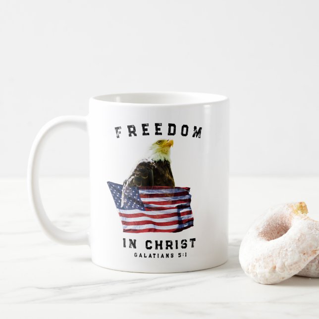 Taza De Café Freedom in Christ Bald Eagle & USA Flag Christian (Con donut)