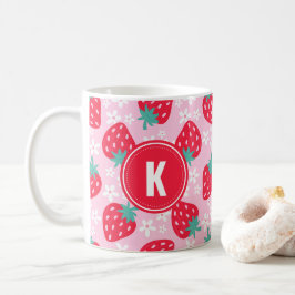 Taza De Café Fresas Rojas Rosadas Patrón Floral Monograma