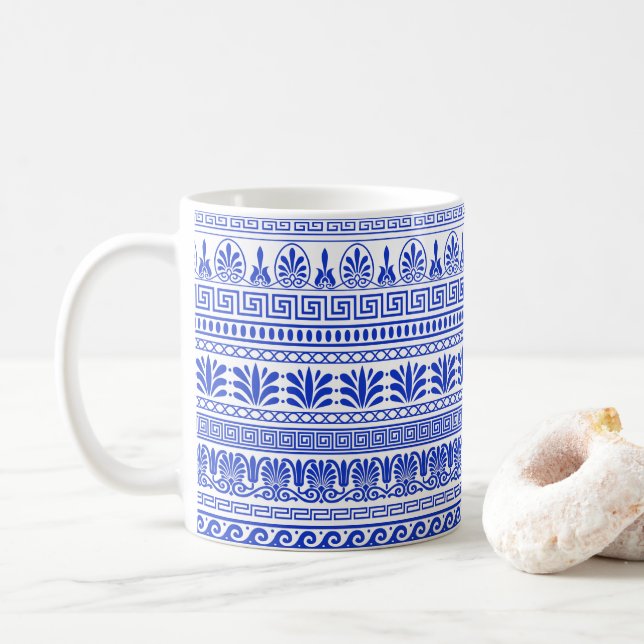 Taza De Café Fret griego, patrón mediterráneo, azul (Con donut)