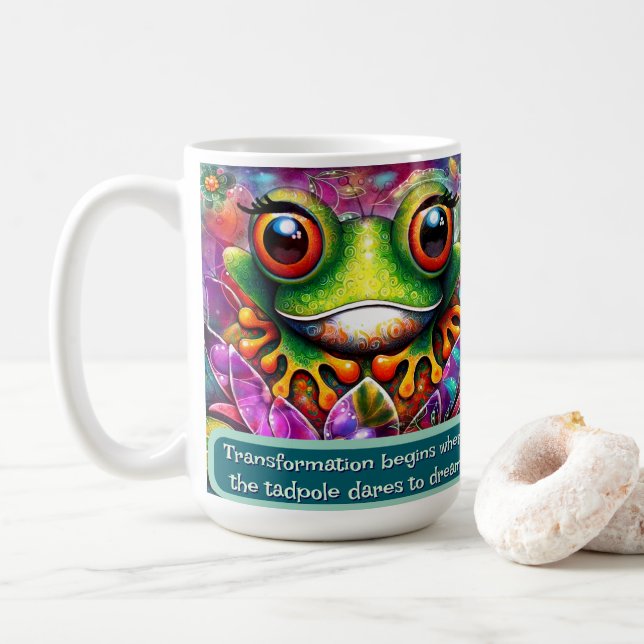 Taza De Café Frog Whimsical Abstract Art Floral Personalized (Con donut)