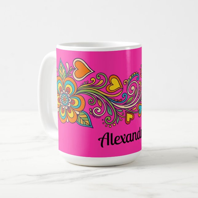 Taza De Café Fronteras de zarcillos de poder floral retro 18 +  (Anverso izquierdo)