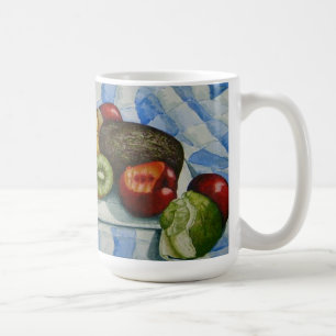 Taza De Café fruta exótica todavía vida arte azul mantel blan