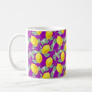 TAZA DE CAFÉ FRUTAS DE LIMÓN EN FONDOS MORADOS