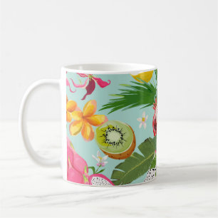 Taza De Café Frutas tropicales, flores: fondo vintage.