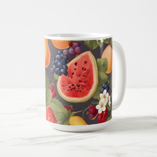 Taza De Café Frutas variadas, hojas exuberantes y flores maravi (Anverso derecho)
