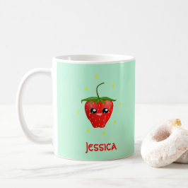 Taza De Café Fruto de fresa monograma kawaii en turquesa