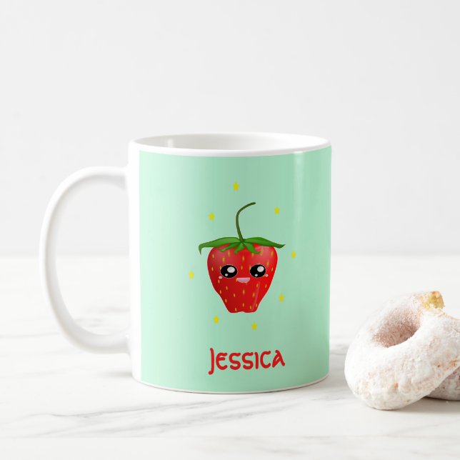 Taza De Café Fruto de fresa monograma kawaii en turquesa (Con donut)