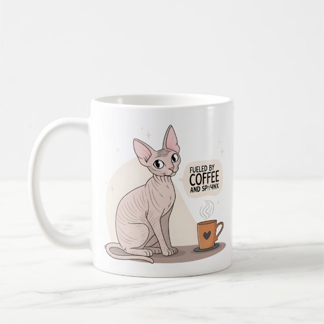 Taza De Café Fueled by Coffee and Sphynx Cat Illustration (Izquierda)