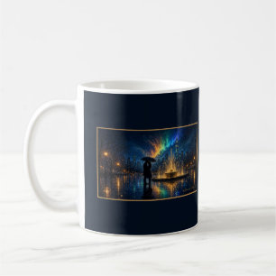 Taza De Café Fuente de la Plaza de la Ciudad bajo la Lluvia Par