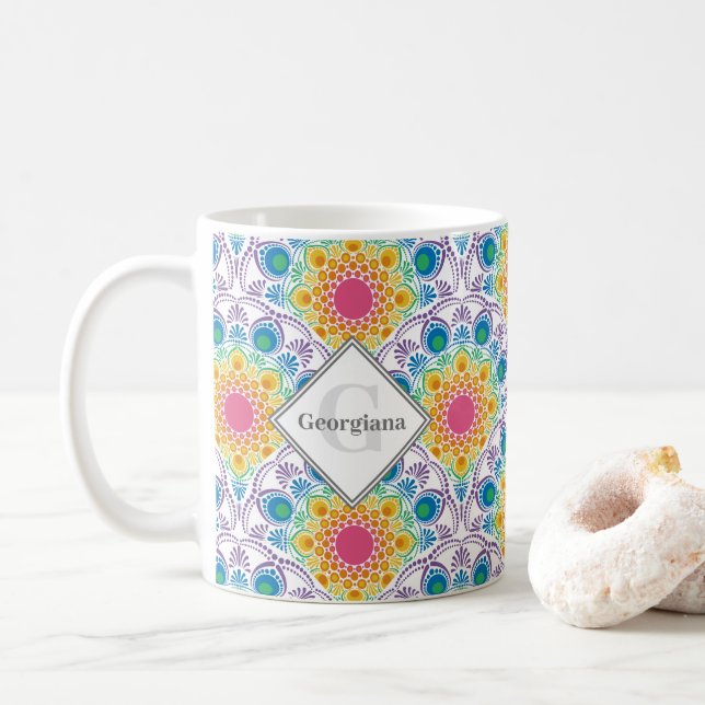 Taza De Café Fuente floral arcoiris personalizada Art Deco (Con donut)