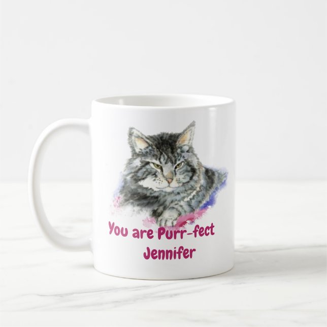 Taza De Café Fun Cita Purrr Personalizado Watercolor Cat (Izquierda)
