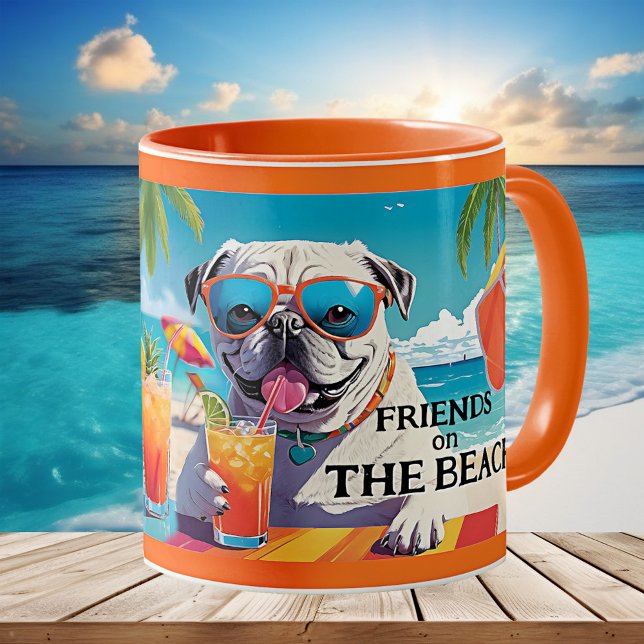 Taza De Café Fun Friends Dogs Summer Beach (Mug featuring a collage of two dogs having a drink on a sunny summer beach. Great for a dog lover.)
