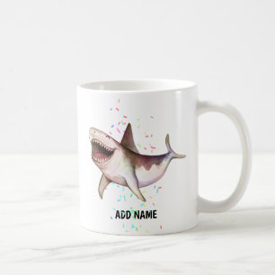 Taza De Café Fun SHARK regalo ilustrado Añadir nombre acuarela