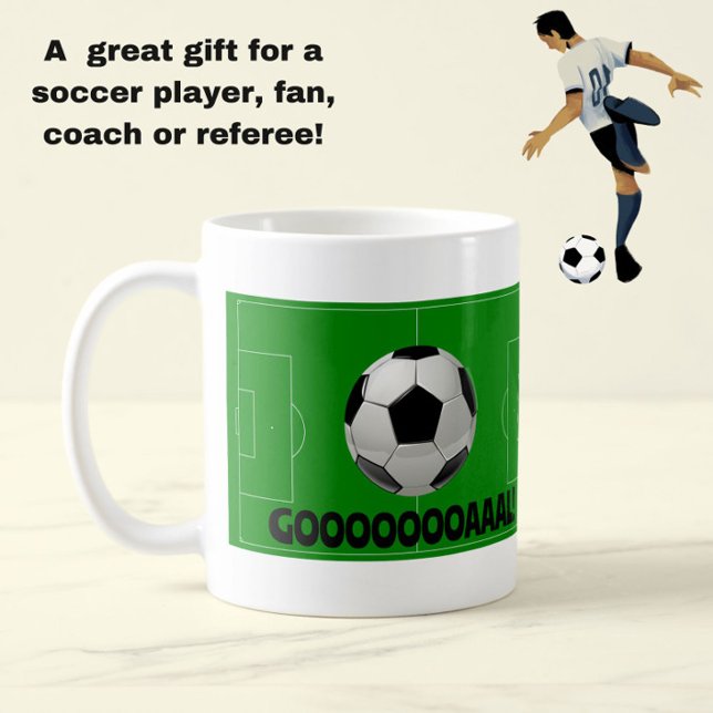 Taza De Café ¡Fun Soccer Ball y Pitch GOL! (Fútbol) Deportes (A fun black, white and green soccer mug, celebrating goals!)