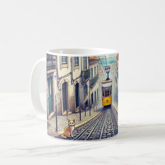 Taza De Café Funicular Bica de Lisboa con gato (Anverso izquierdo)