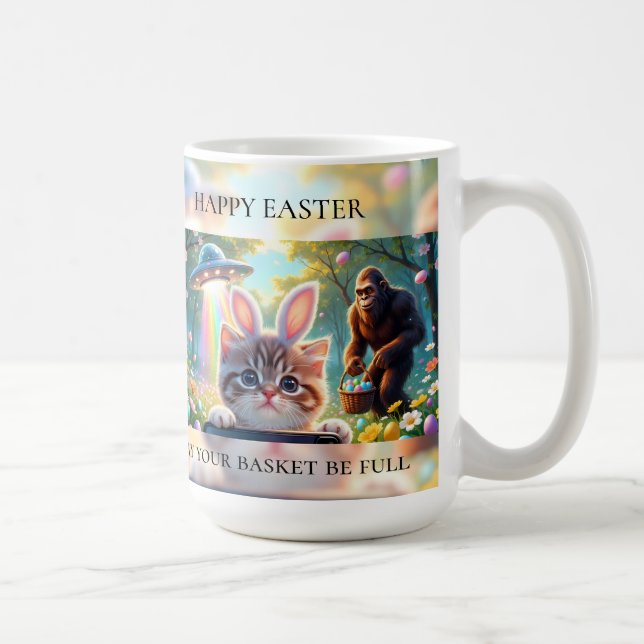 Taza De Café Funny Bigfoot UFO Easter | Cute Cat Bunny Selfie (Derecha)