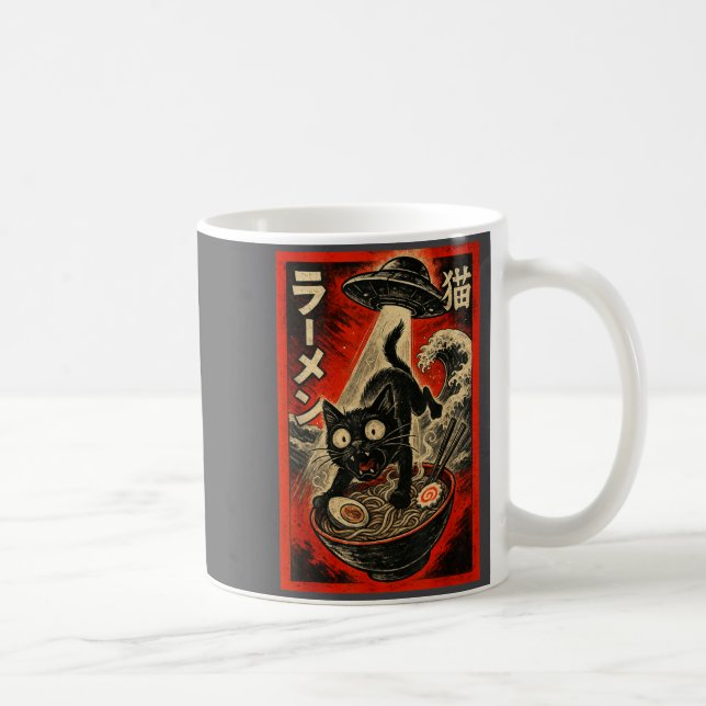 Taza De Café Funny Black Cat Ramen Alien Ufo Abduction Japanese (Derecha)