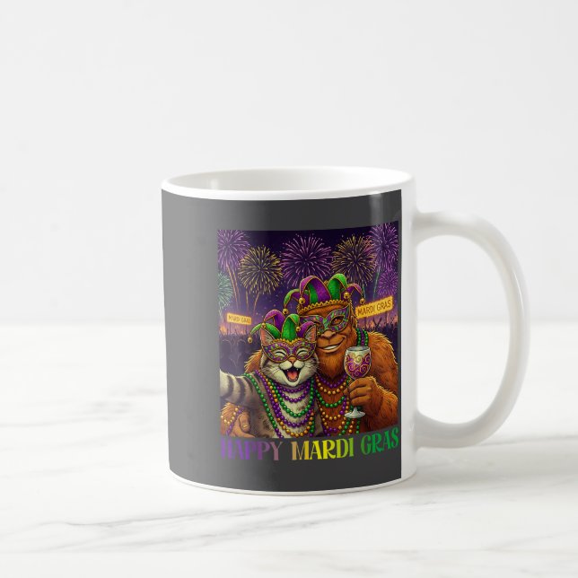 Taza De Café Funny Cat Bigfoot Selfie Mardi Gras Carnival Party (Derecha)