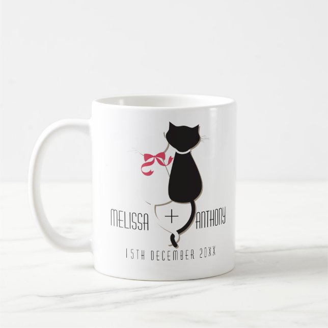 Taza De Café Funny Cat Tails Pareja Monograma Boda Compromiso (Izquierda)