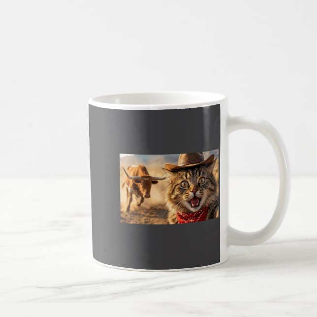 Taza De Café Funny Cowboy Cat Selfie With Charging Bull Western (Derecha)