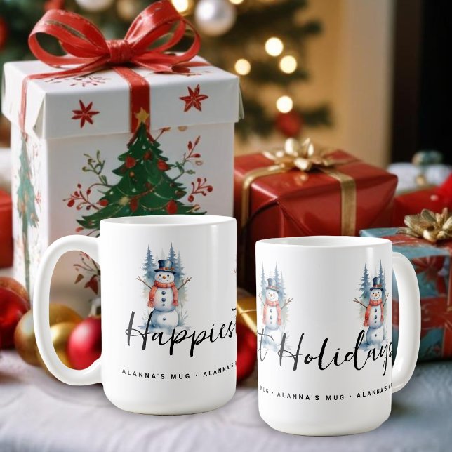 Taza De Café Funny Cute MInimal Snowman Frosted Forest Xmas (Funny Cute MInimalist Snowman Frosted Forest Christmas Coffee Mugs, with Happiest Holidays Quote. )