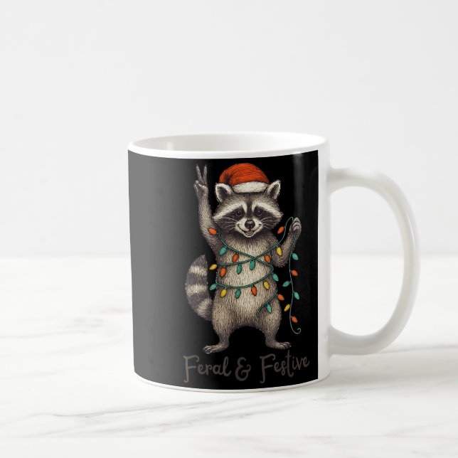 Taza De Café Funny Feral And Festive Raccoon Santa Hat Retro Ch (Derecha)